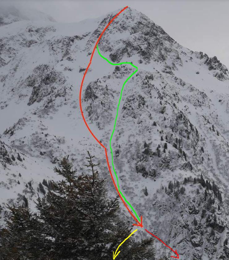 Haut de l'itinéraire//Descente dans l'axe : tracé rouge / Variante empruntant le couloir : tracé vert / Faible enneigement : tracé jaune / Fort enneigement : tracé rouge //Photo de Lionel Tassan